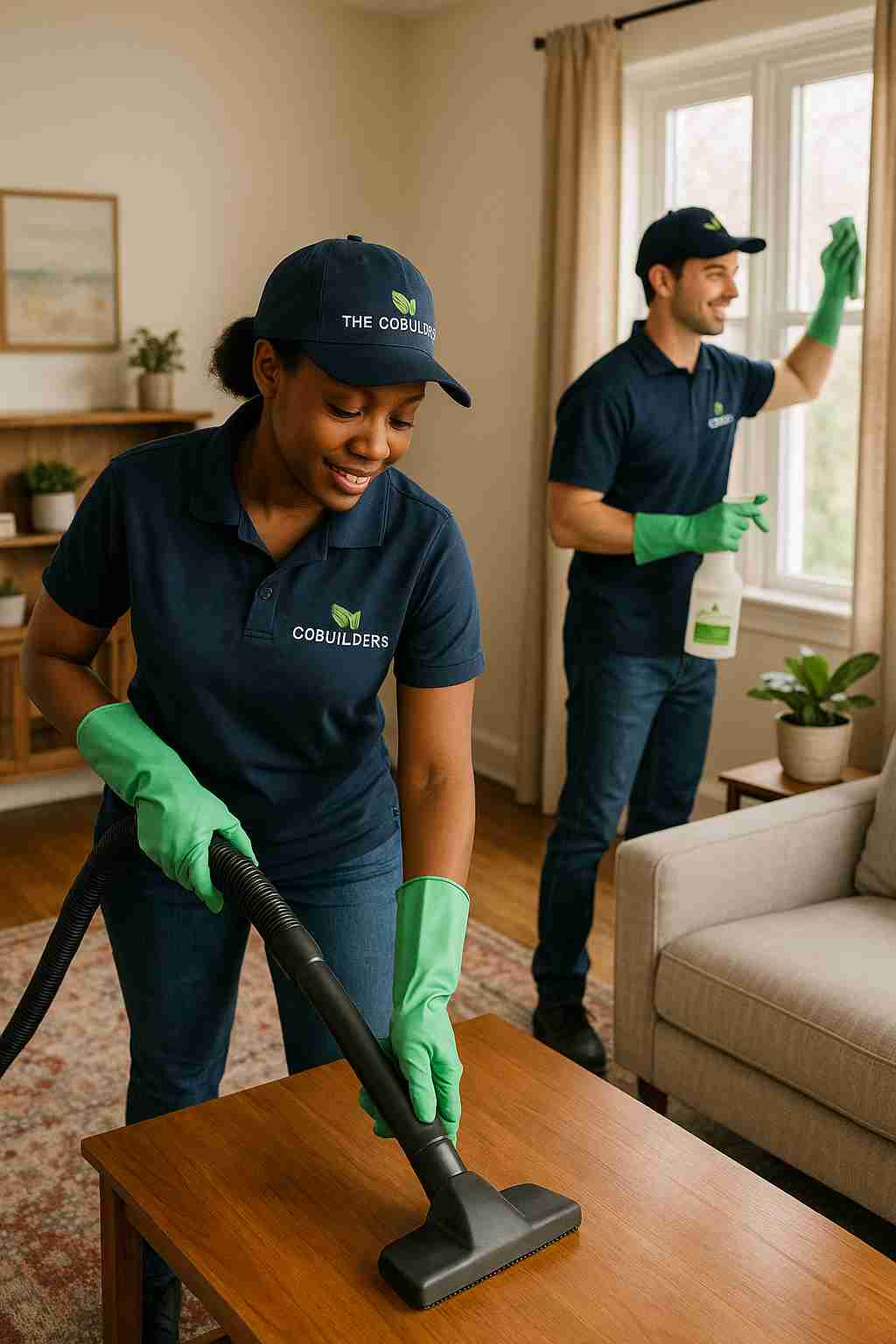 Two professional cleaners with "The CoBuilders" label on their uniforms, providing eco-friendly cleaning services in a Northeast Philadelphia living room