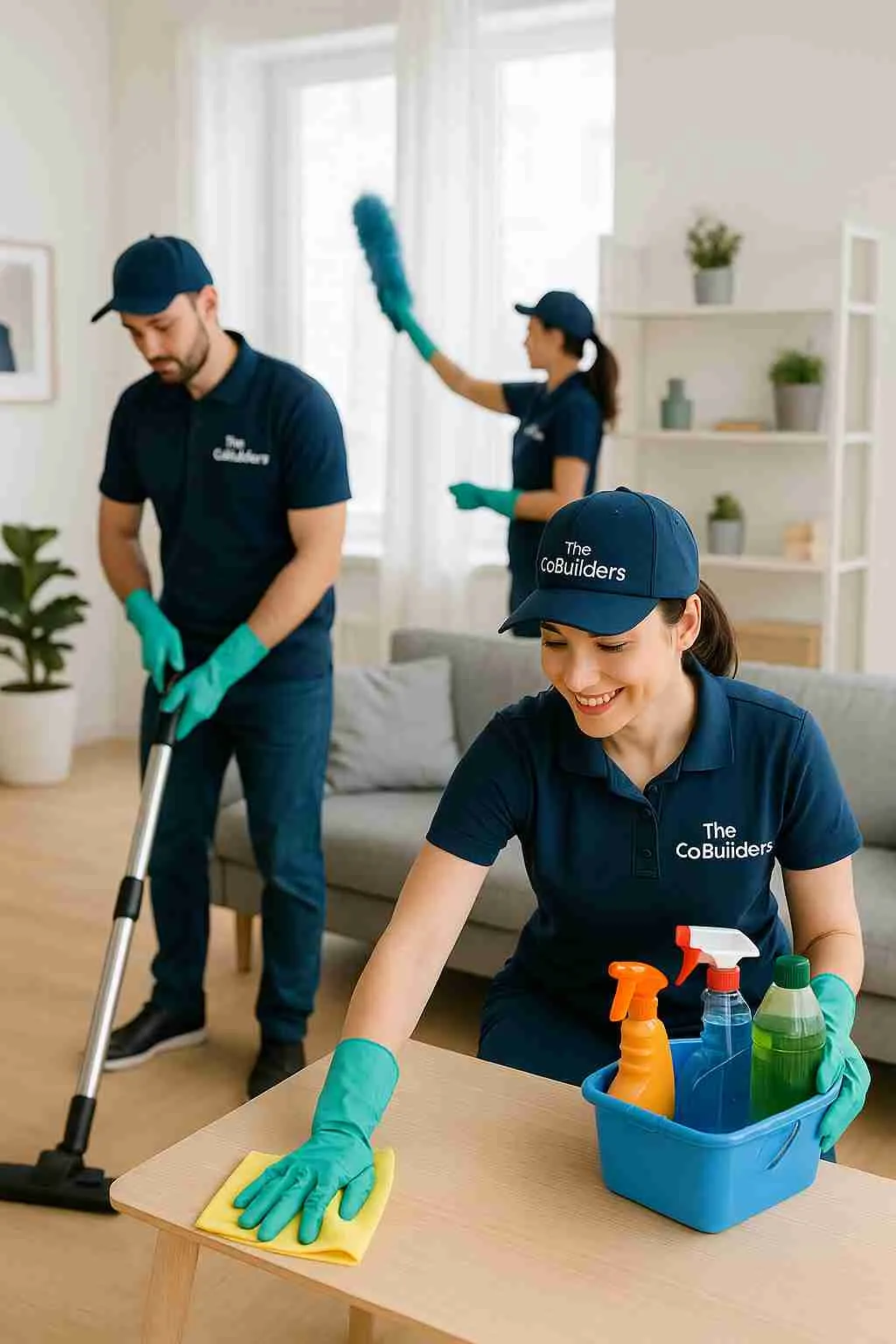 Three professional cleaners with "The CoBuilders" label on their uniforms, providing apartment cleaning services near me in a bright modern living room