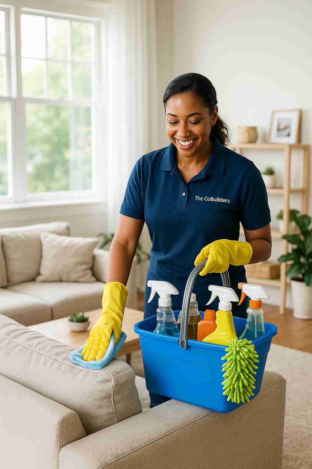 Professional cleaner with "The CoBuilders" label on their uniform, providing the best house cleaning near me in a bright family living room