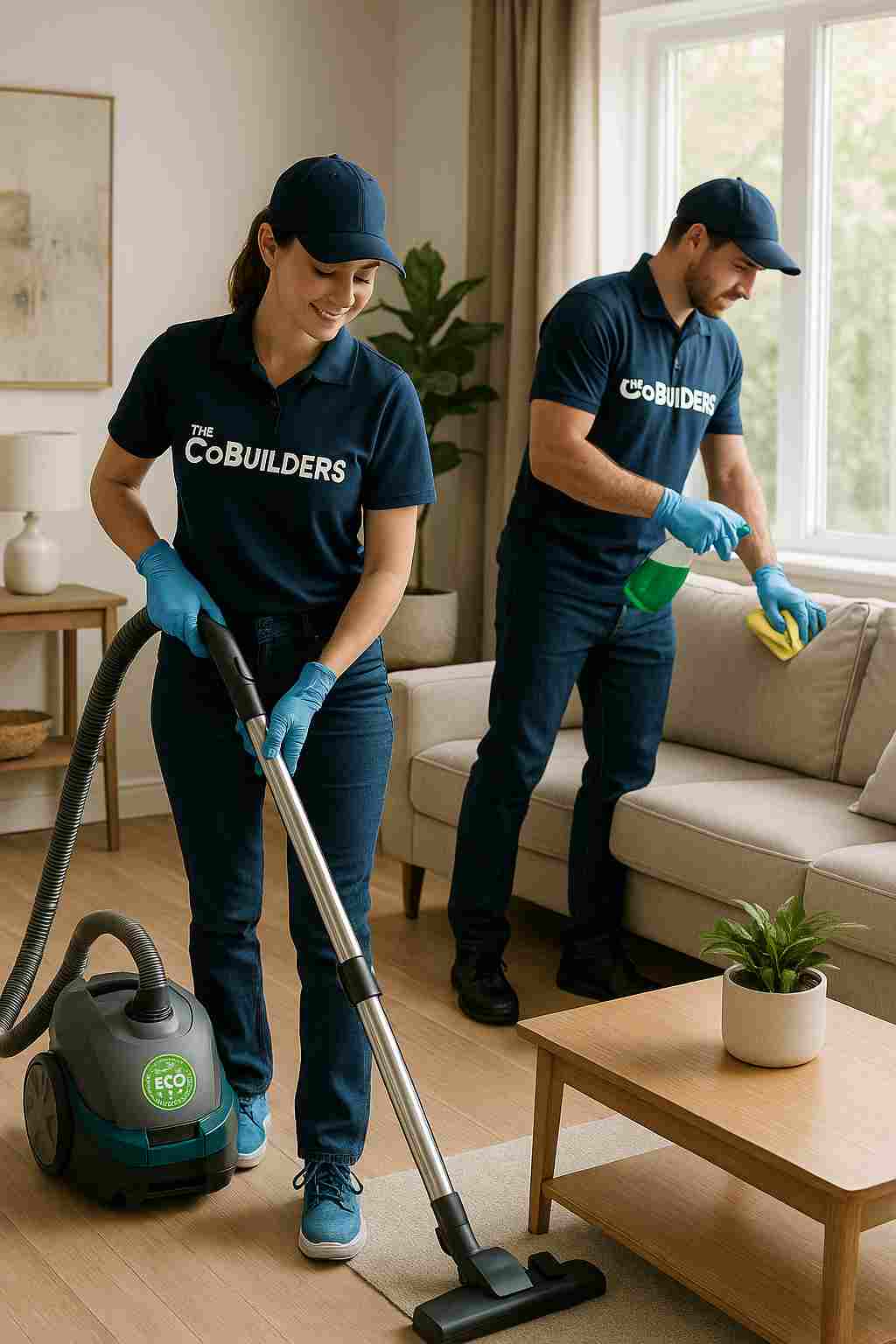 Professional cleaning crew of two with "The CoBuilders" label on their uniform providing eco-friendly house cleaning in Mayfair Northeast Philadelphia living room