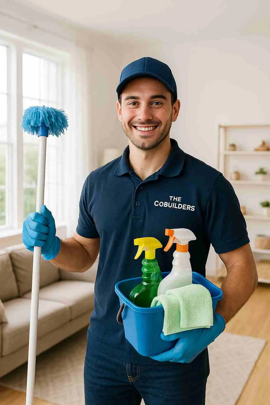 Professional cleaner with "The CoBuilders" label on his uniform providing affordable house cleaning near me in a bright Fort Lauderdale living room