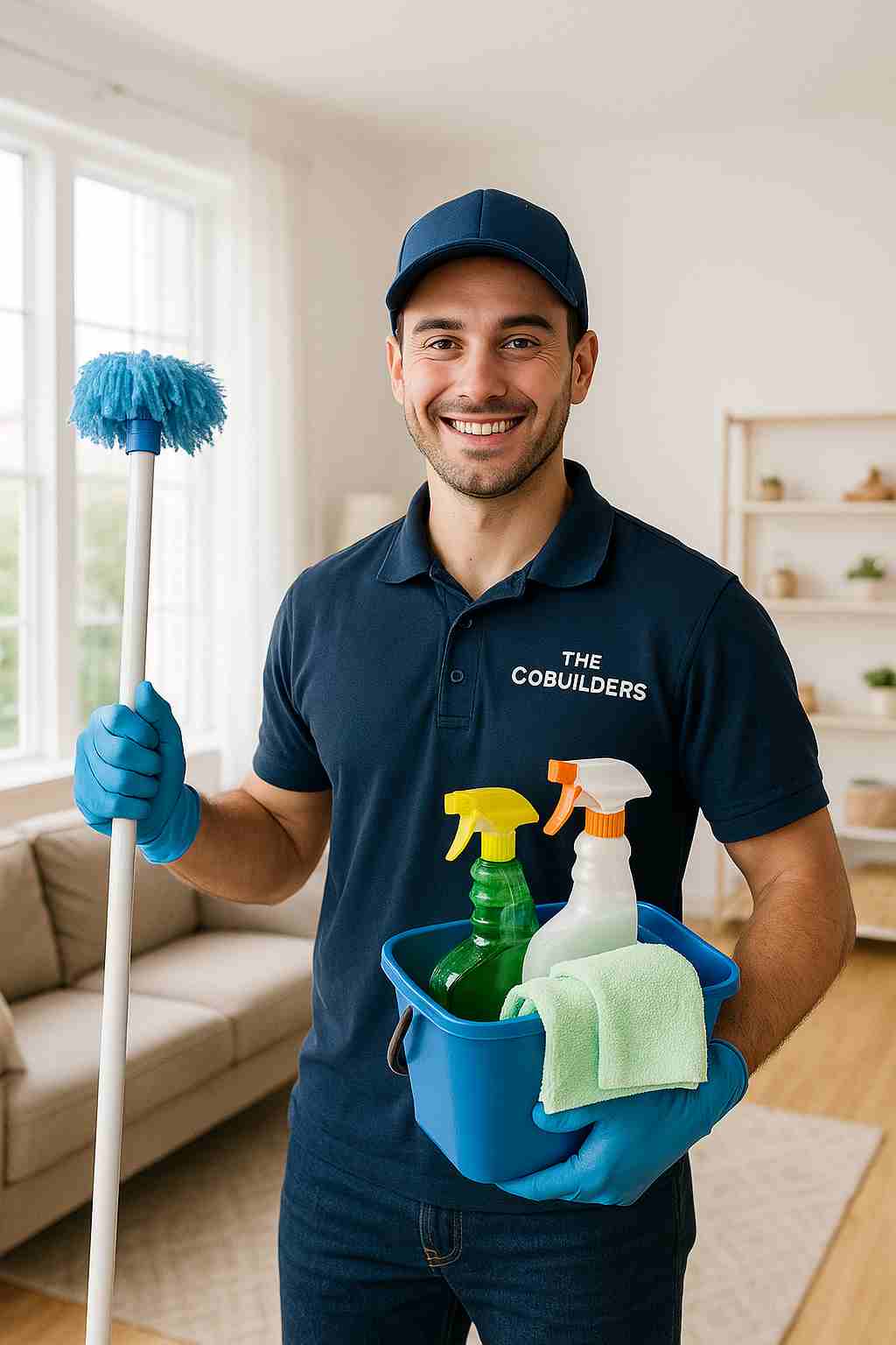 Professional cleaner with "The CoBuilders" label on his uniform providing affordable house cleaning near me in a bright Fort Lauderdale living room