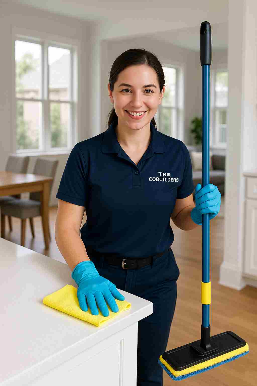 Professional cleaner with "The CoBuilders" label on her uniform providing clean service near me in a bright Fort Worth home