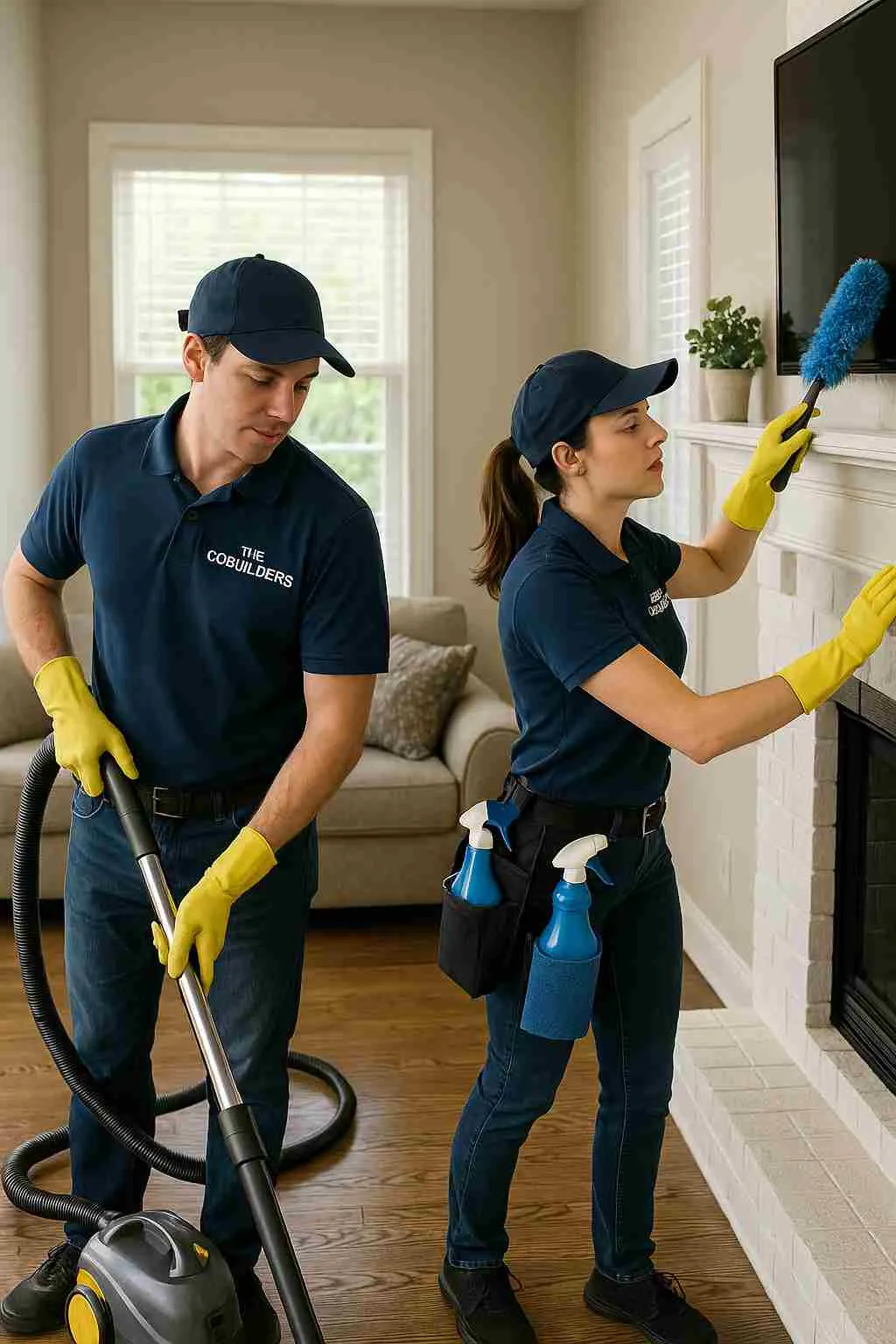 Professional cleaners with "The CoBuilders" label on their uniform providing household cleaning services near me in a Hood County Texas home