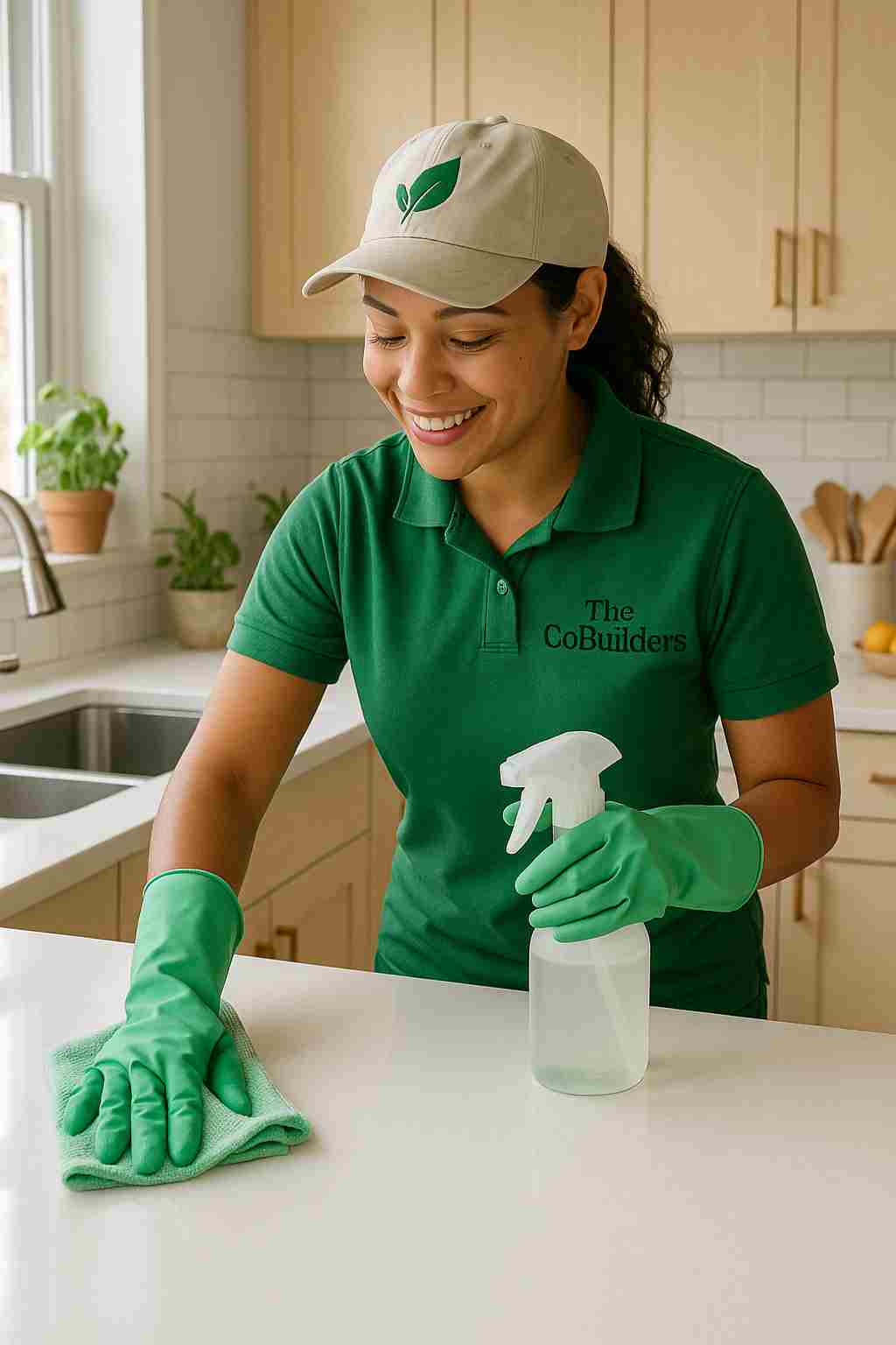 Eco-friendly house cleaning professional with "The CoBuilders" label on their uniform wiping down a bright kitchen surface