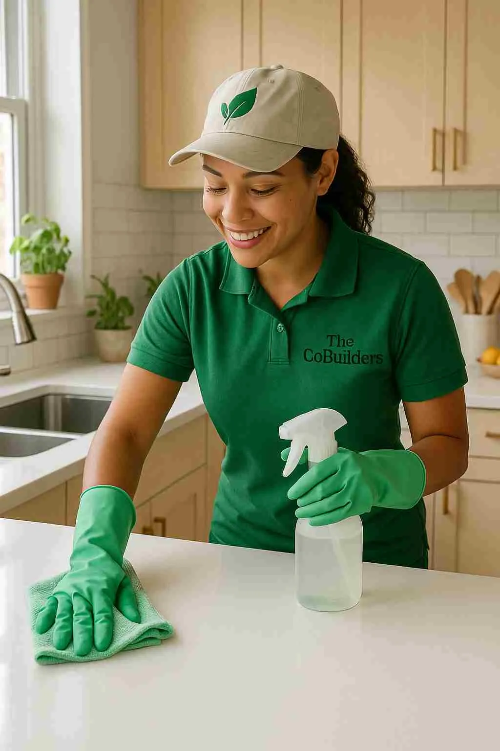 Eco-friendly house cleaning professional with "The CoBuilders" label on their uniform wiping down a bright kitchen surface