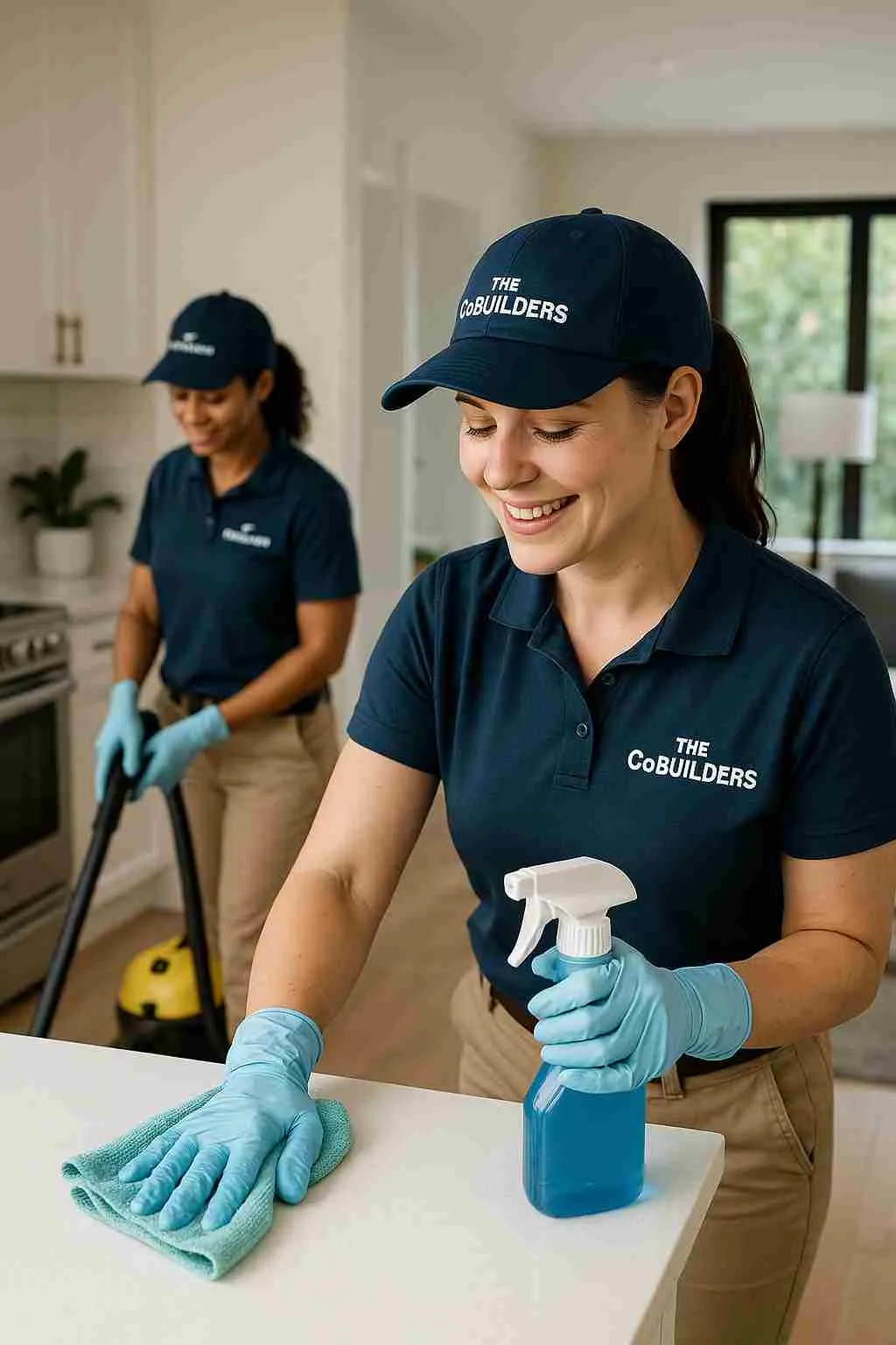 Professional house cleaners with "The CoBuilders" label on their uniform, providing trusted house cleaning services near me in a modern home
