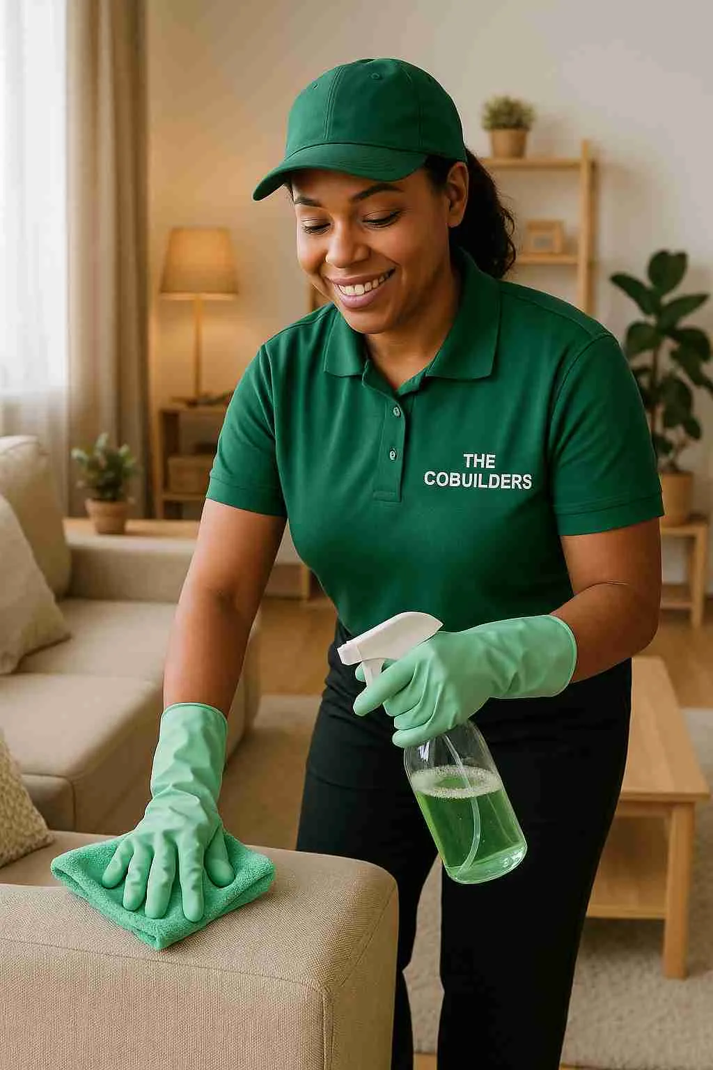Trusted professional cleaner with "The CoBuilders" label on their uniform providing eco-friendly home cleaning near me in a cozy living room