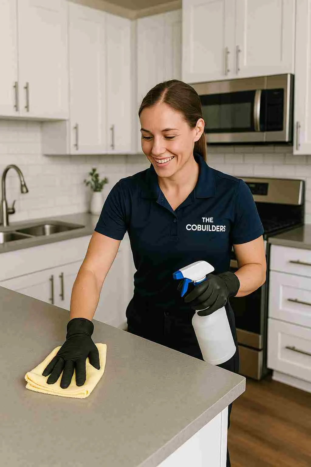 Professional house cleaner with "The CoBuilders" label on their uniform, wiping down kitchen counters during a full house cleaning service