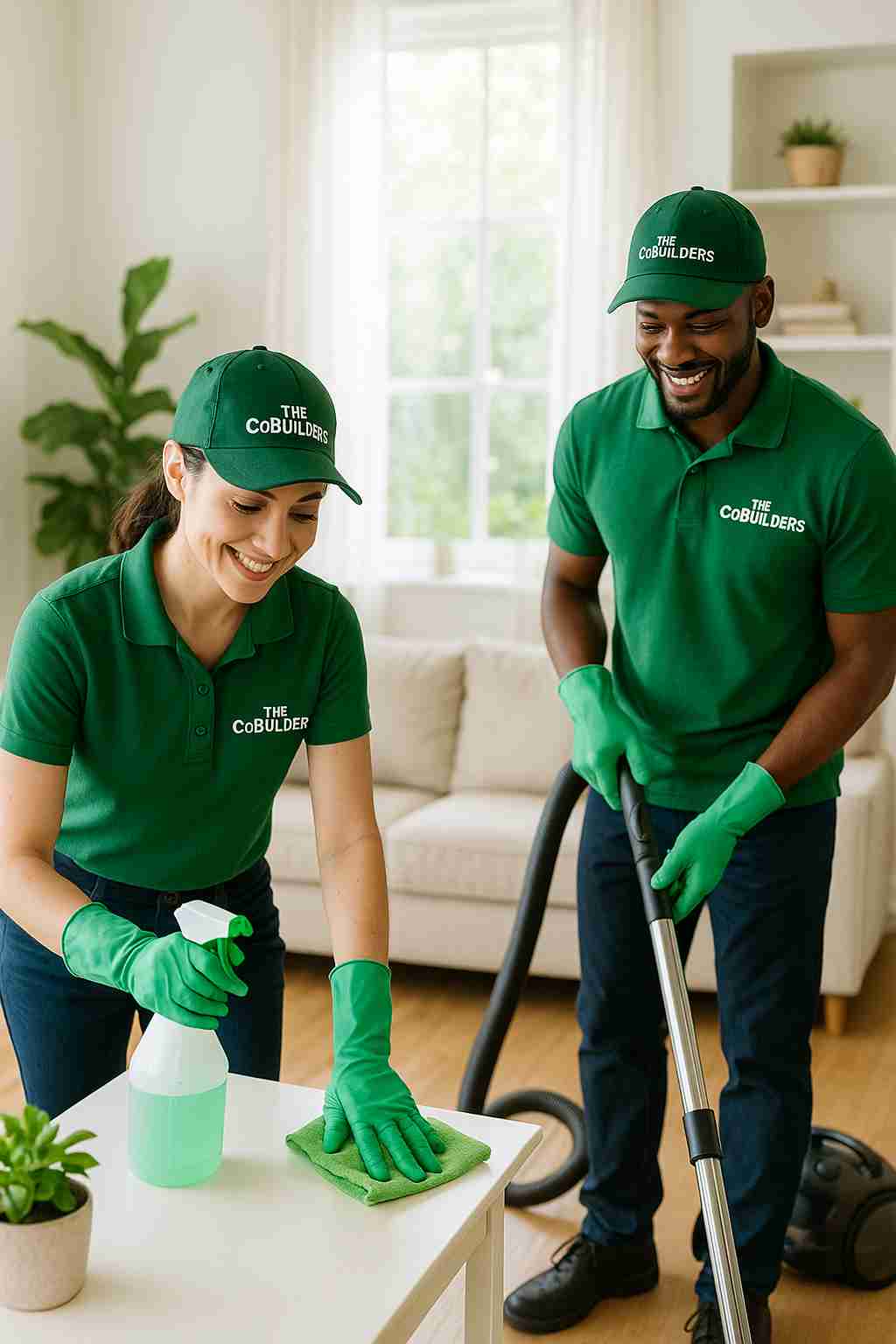 Professional house cleaners with "The CoBuilders" label on their uniforms, providing eco-friendly cleaning services in a bright home near me