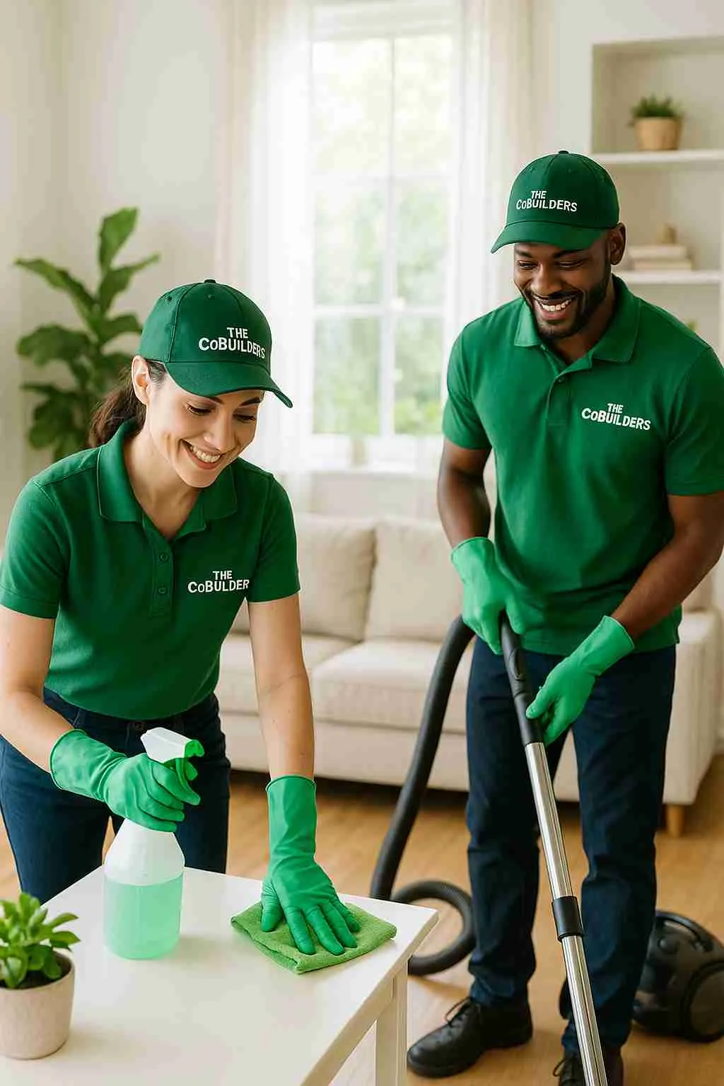 Professional house cleaners with "The CoBuilders" label on their uniforms, providing eco-friendly cleaning services in a bright home near me