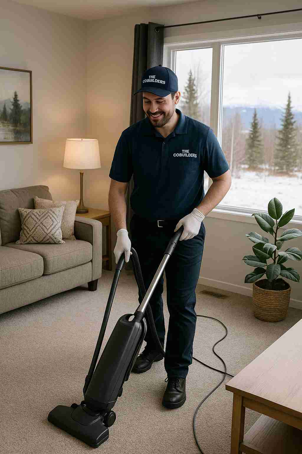 Professional household cleaner with "The CoBuilders" label on their uniform vacuuming living room in Anchorage Alaska home