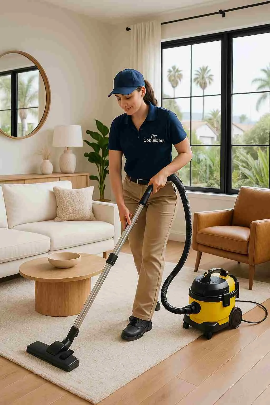 Professional cleaning lady with "The CoBuilders" label on their uniform, vacuuming a stylish living room in San Diego California