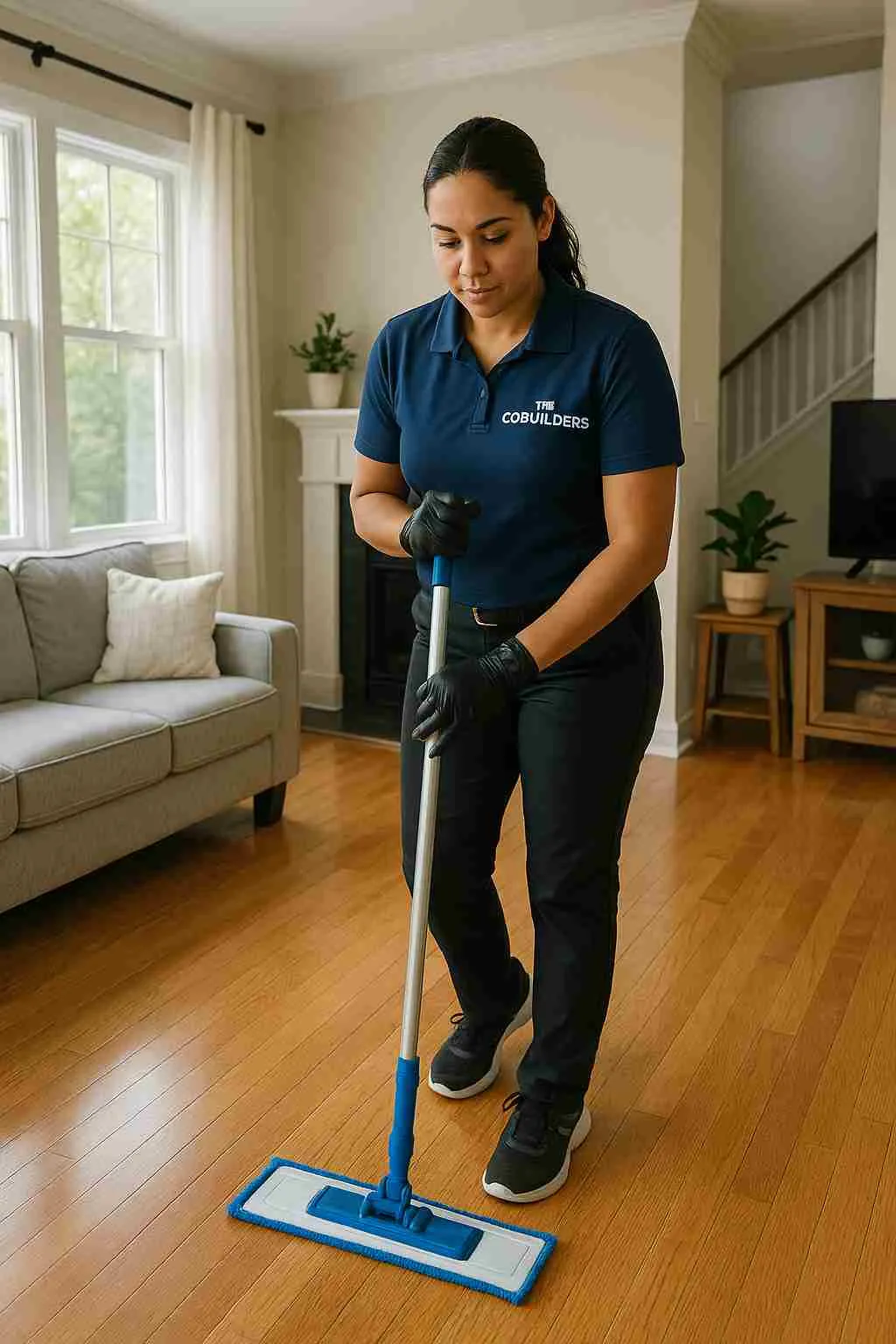 Professional house cleaner with "The CoBuilders" label on their uniform mopping floors in a Charlotte NC family home
