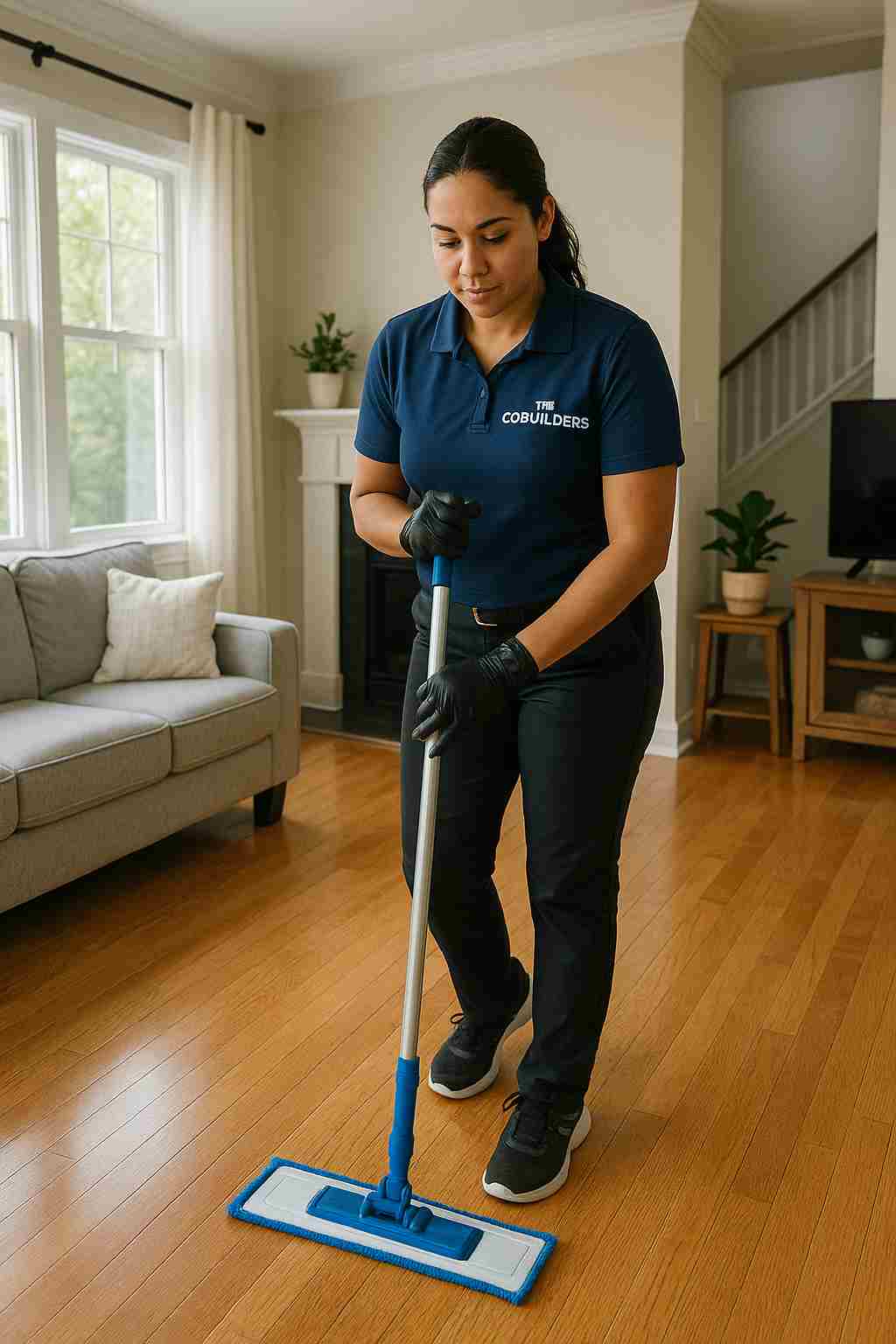 Professional house cleaner with "The CoBuilders" label on their uniform mopping floors in a Charlotte NC family home
