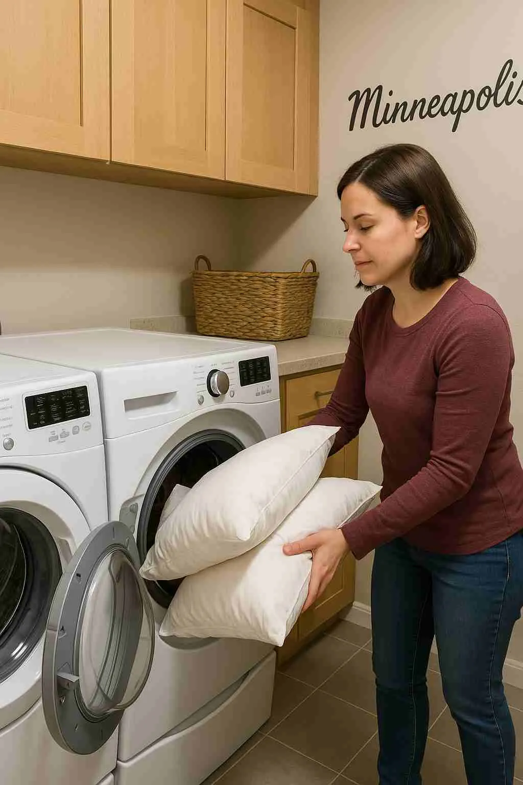 Person loading pillows into a washing machine in a Minneapolis home laundry room
