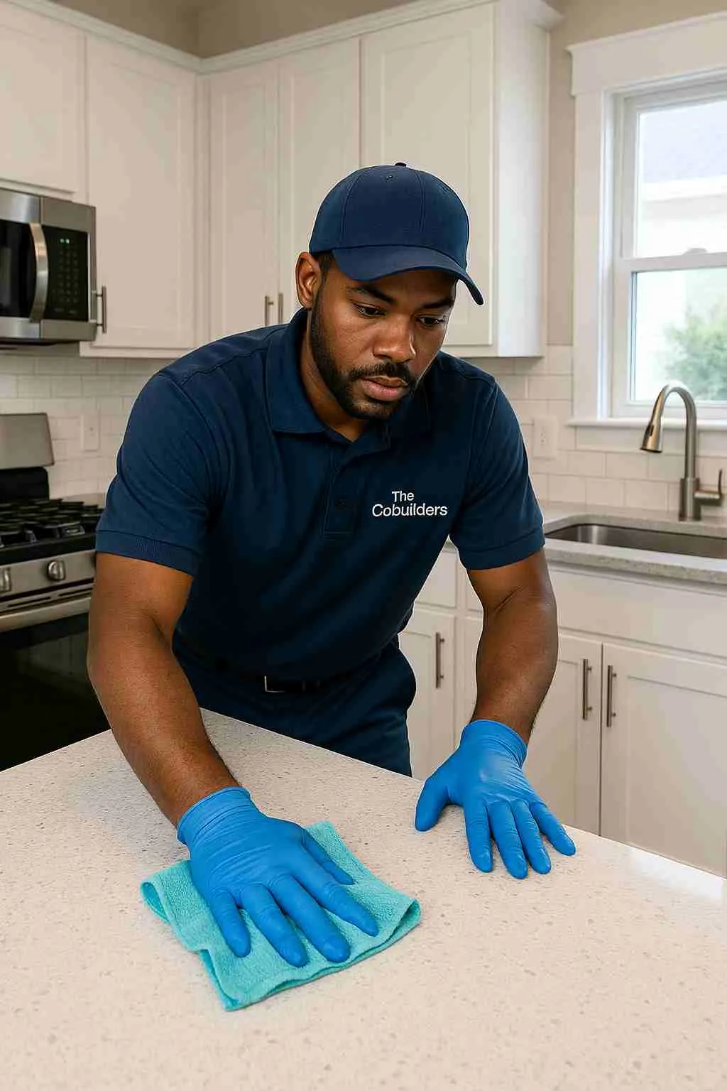 Professional house cleaner with "The CoBuilders" label on his uniform wiping kitchen counter in an Atlanta GA home