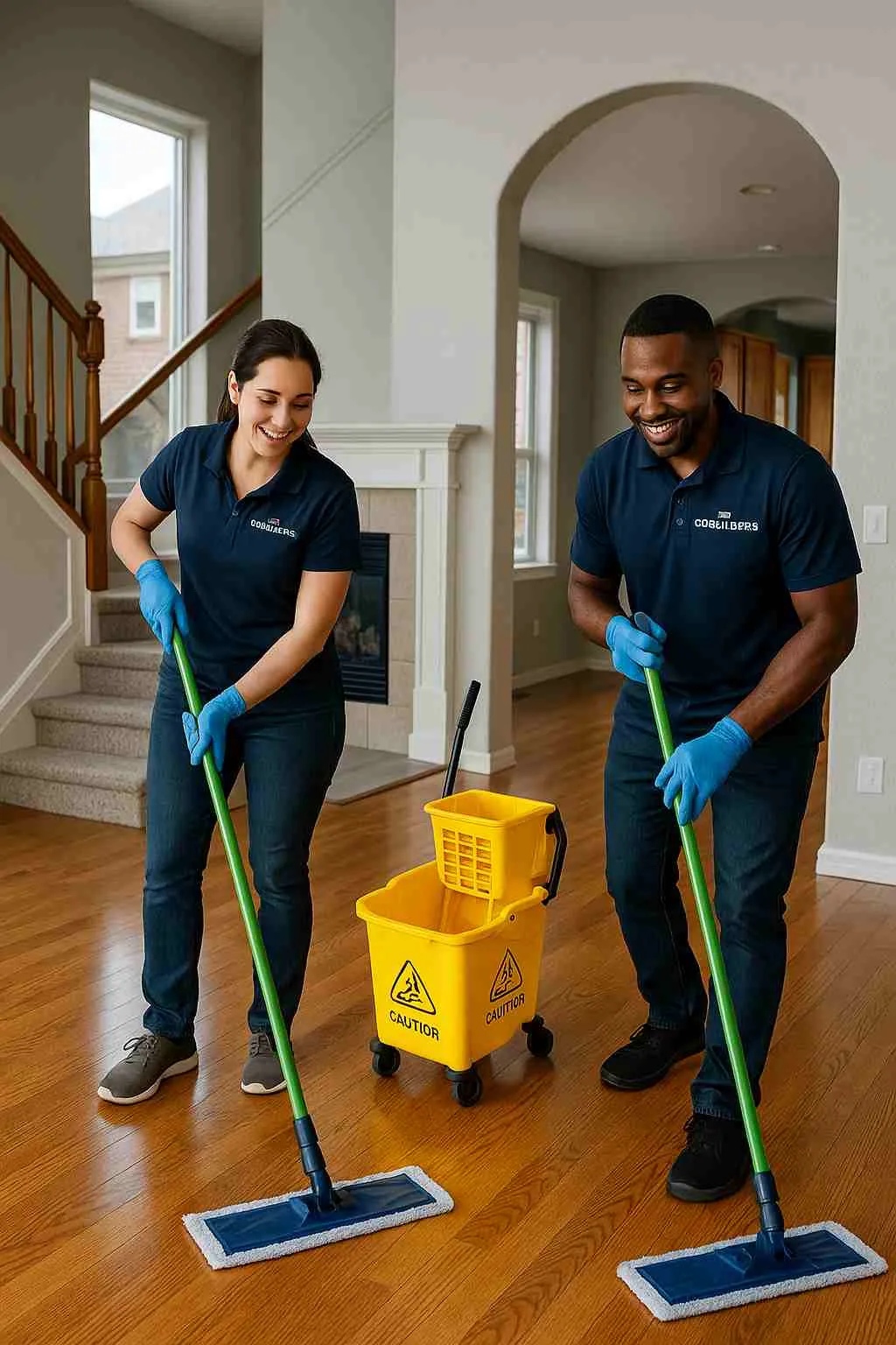 Professional house cleaners with "The CoBuilders" label on their uniform mopping hardwood floors in a Denver Colorado home