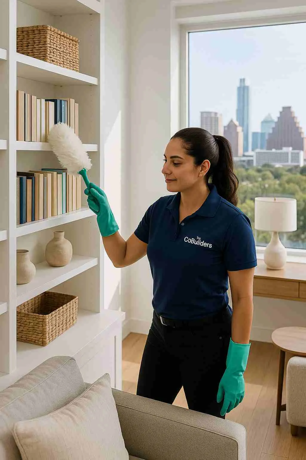 Professional cleaner with "The CoBuilders" label on her uniform dusting bookshelves in a bright modern Austin Texas living room