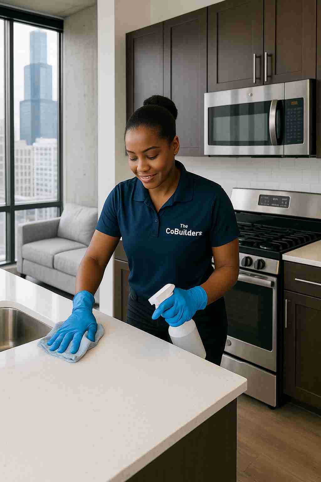Home cleaner with "The CoBuilders" label on their uniform