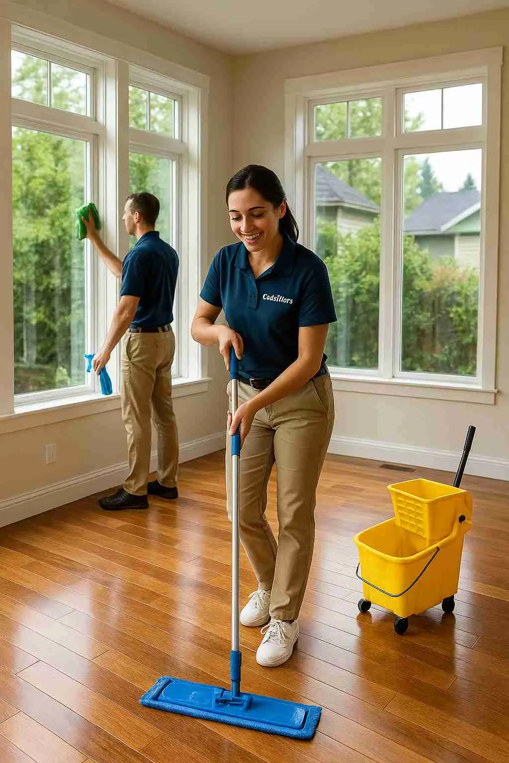 House cleaners with "The CoBuilders" label on their uniforms mopping a hardwood floor in a Portland Oregon home with large windows and natural light