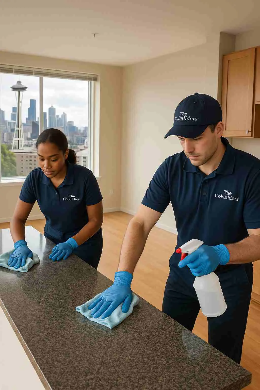 Two professional cleaners with "The CoBuilders" label on their uniform wiping down countertops in an empty Seattle apartment during a move-out cleaning