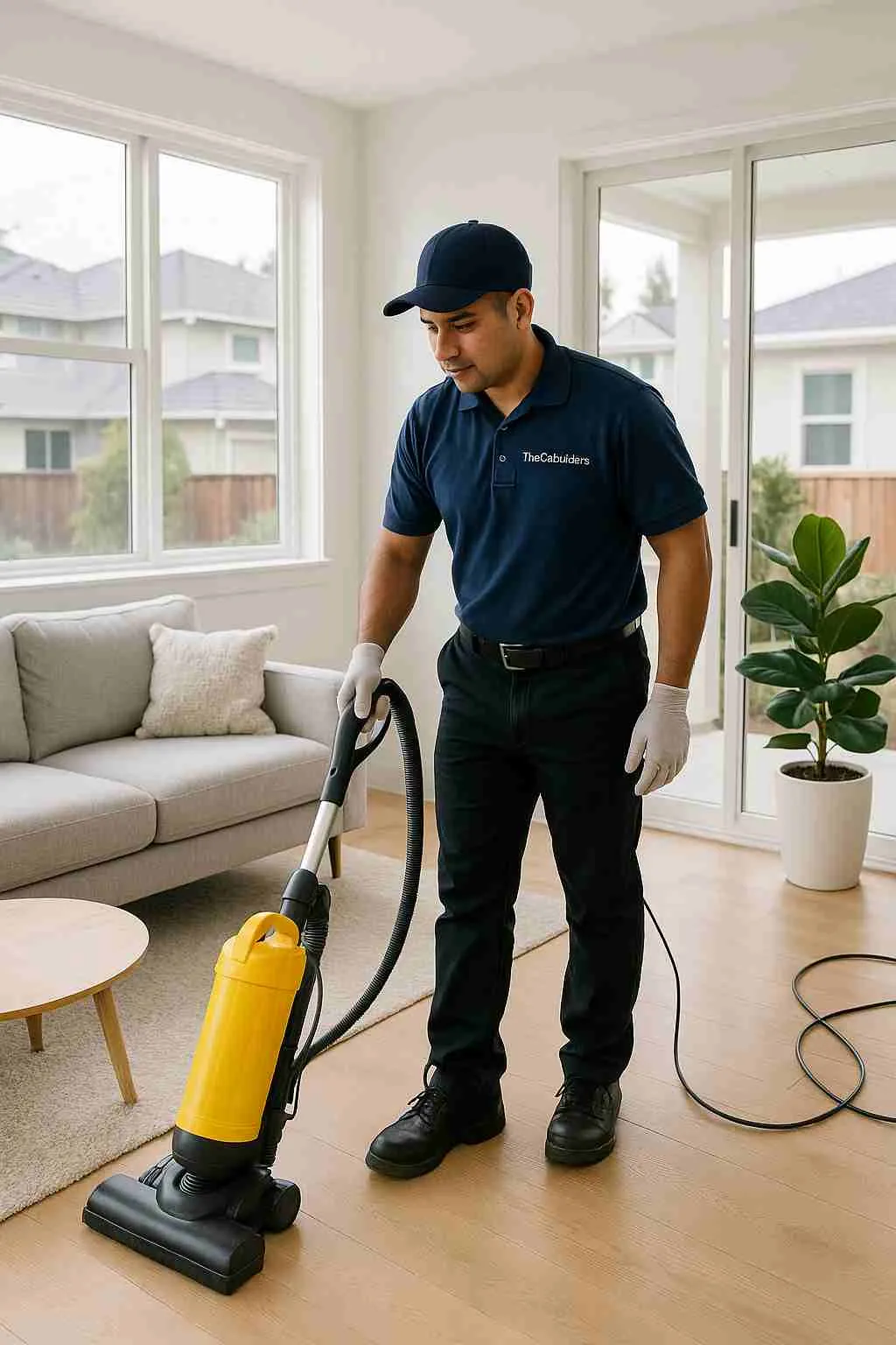 Professional cleaner with "The CoBuilders" label on their uniform vacuuming a bright living room in a modern San Jose home