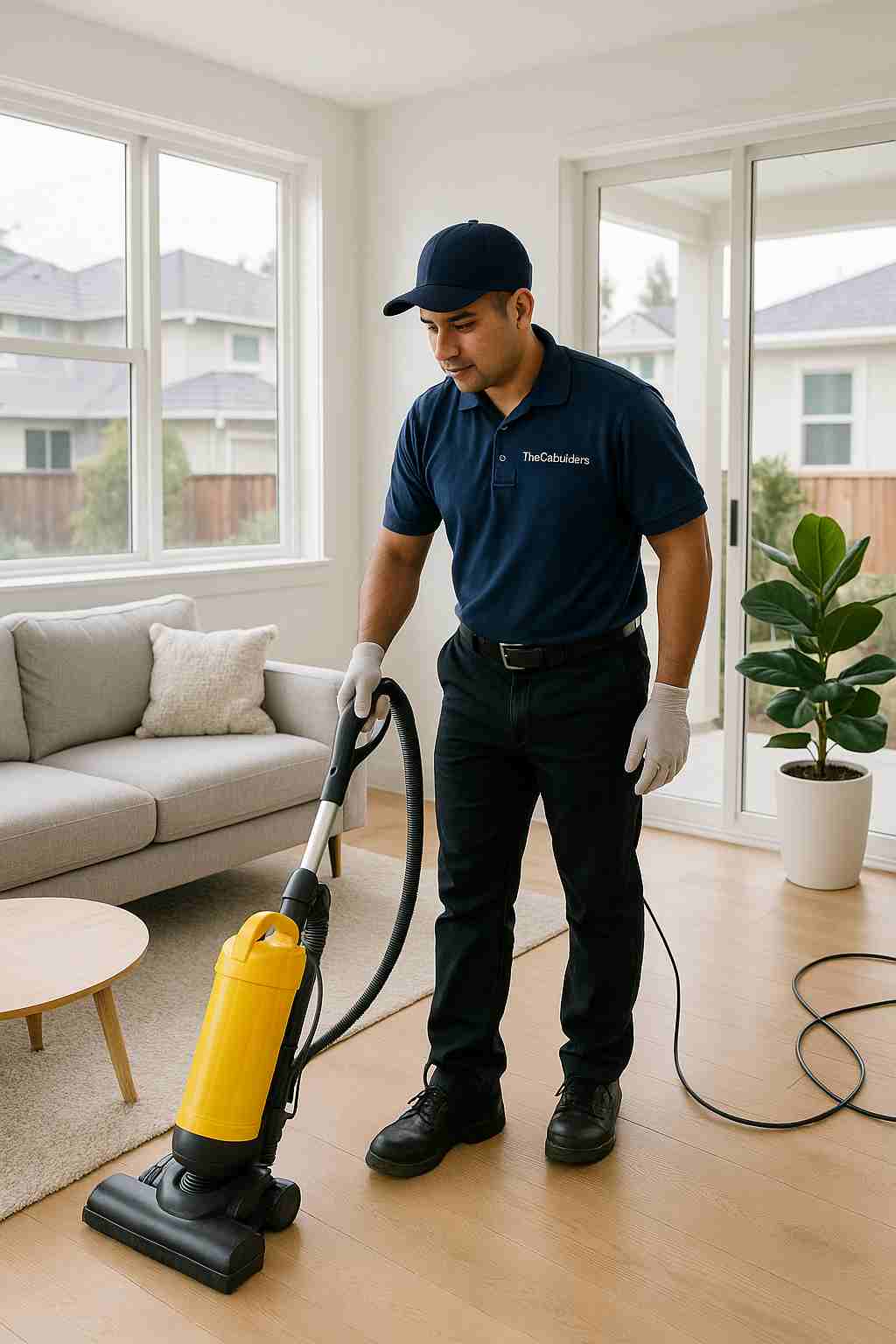 Professional cleaner with "The CoBuilders" label on their uniforms vacuuming a bright living room in a modern San Jose home