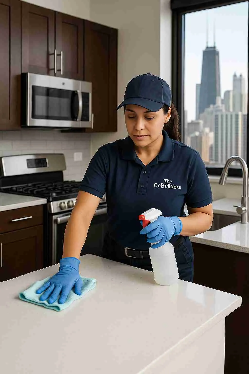Professional cleaner wiping with "The CoBuilders" label on their uniform down kitchen counters in a Chicago apartment