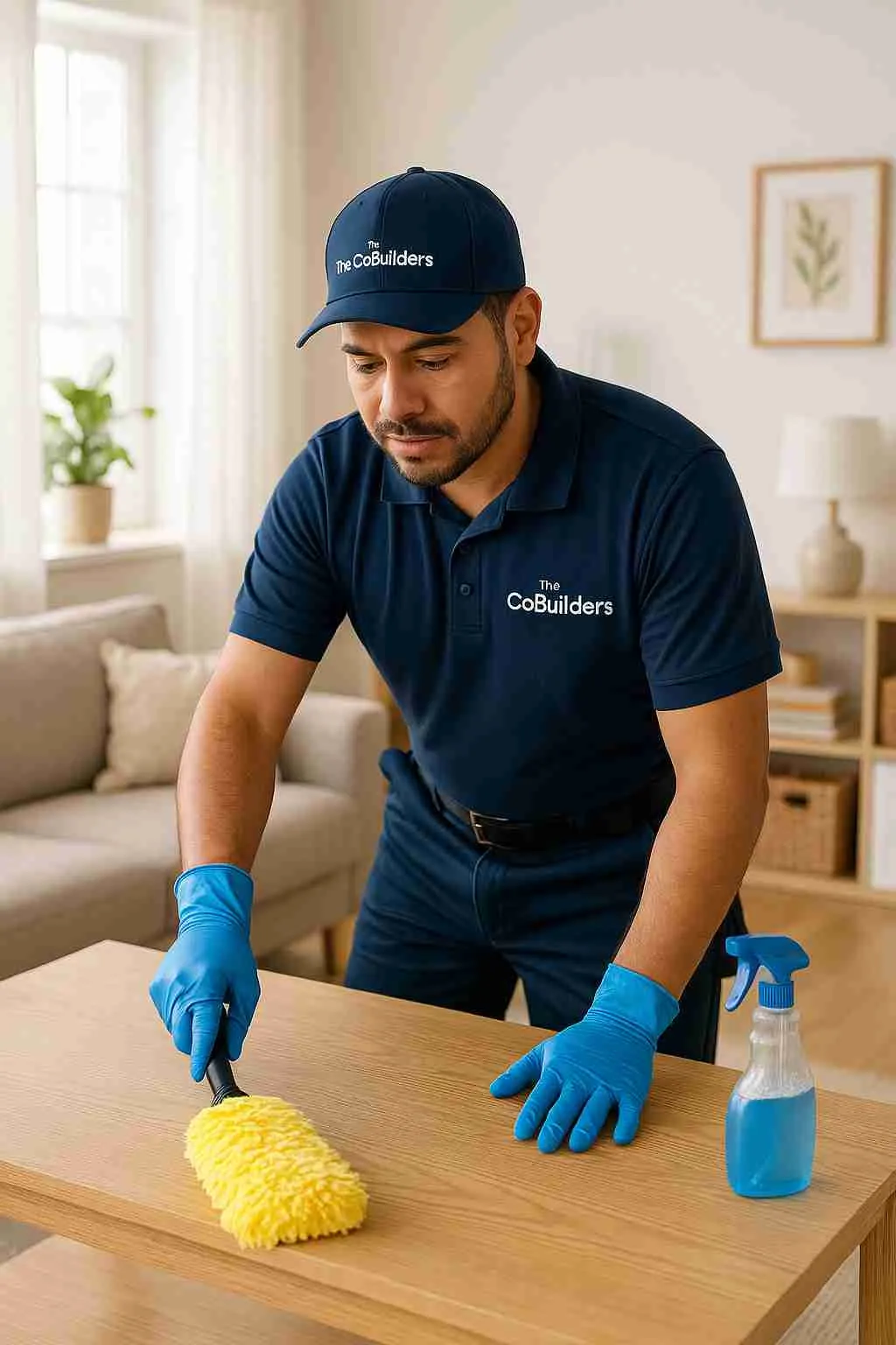 Professional male hispanic cleaner with "The CoBuilders" label on their uniform dusting a living room table in a bright and organized home