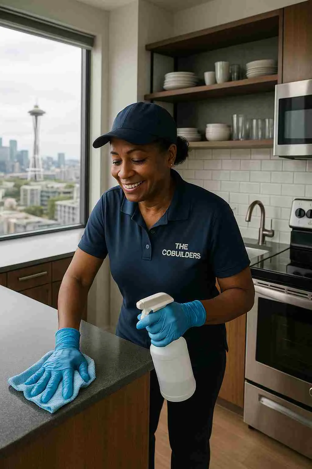 Professional move-out house cleaner with "The CoBuilders" label on their uniform, wiping kitchen counters in a modern Seattle apartment