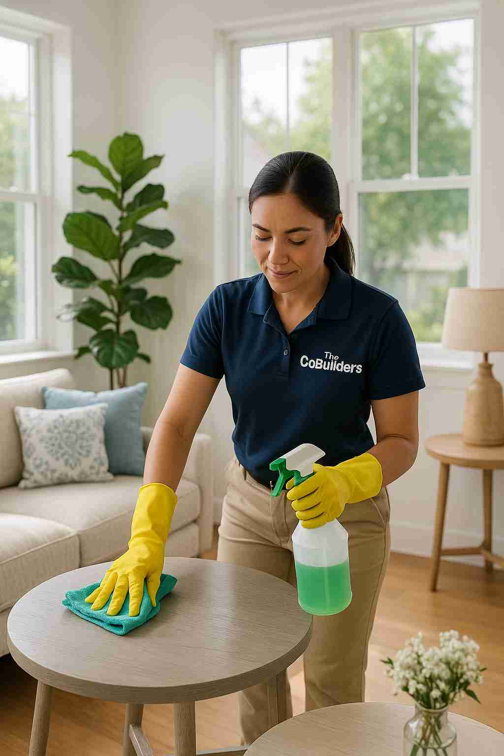 Professional maid with "The CoBuilders" label on their uniform cleaning a bright Dallas living room with eco-friendly products
