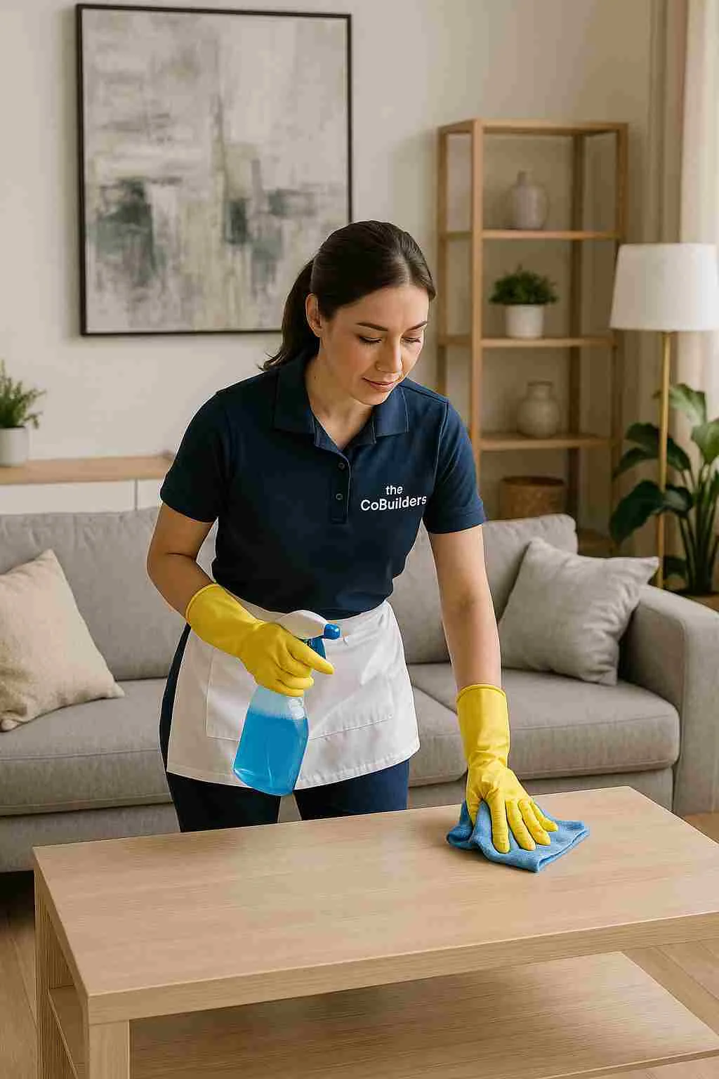 Professional maid with "The CoBuilders" label on their uniform, cleaning a modern living room to deliver a spotless home environment