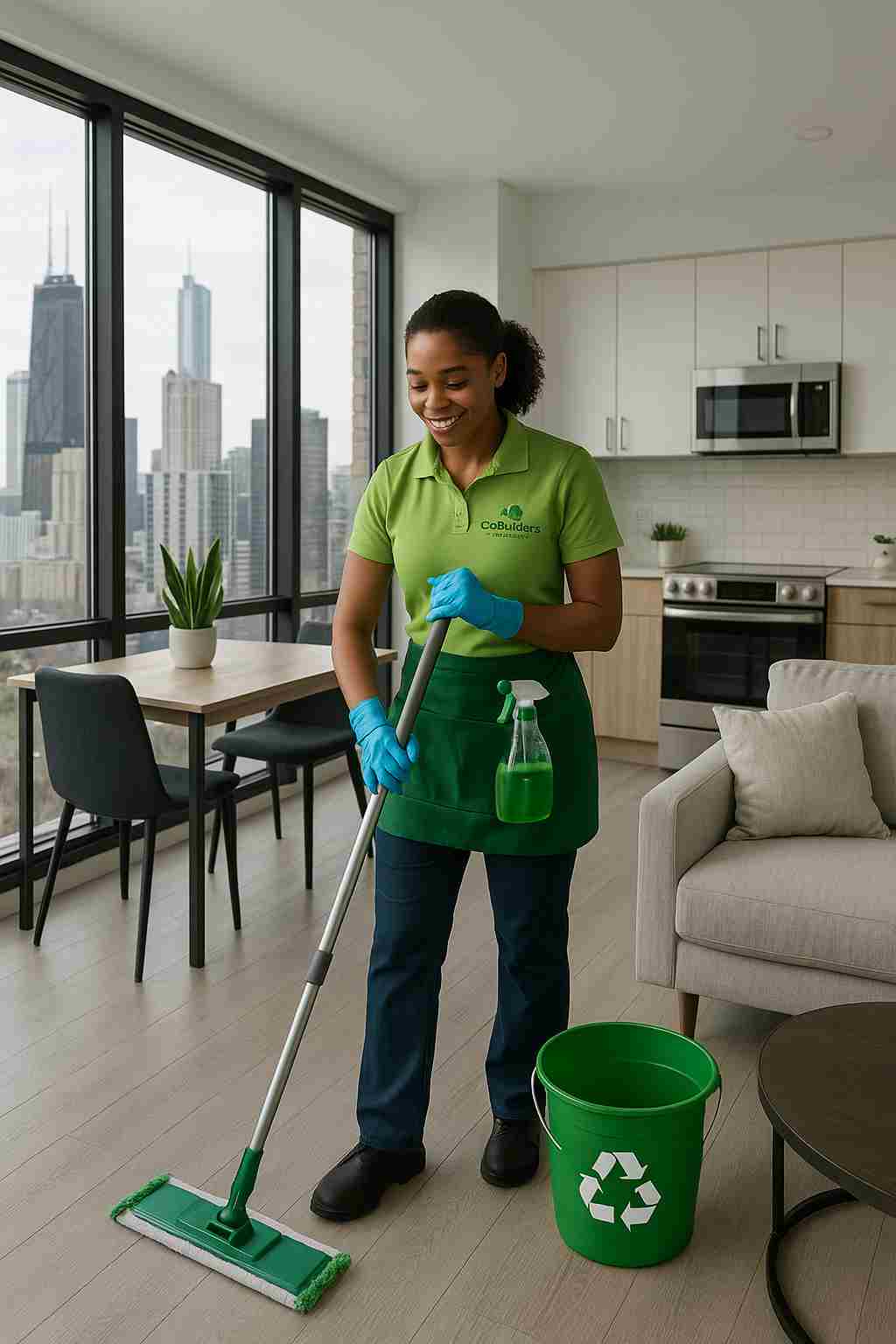 The CoBuilders professional cleaner providing eco-friendly cleaning services in a modern Chicago apartment