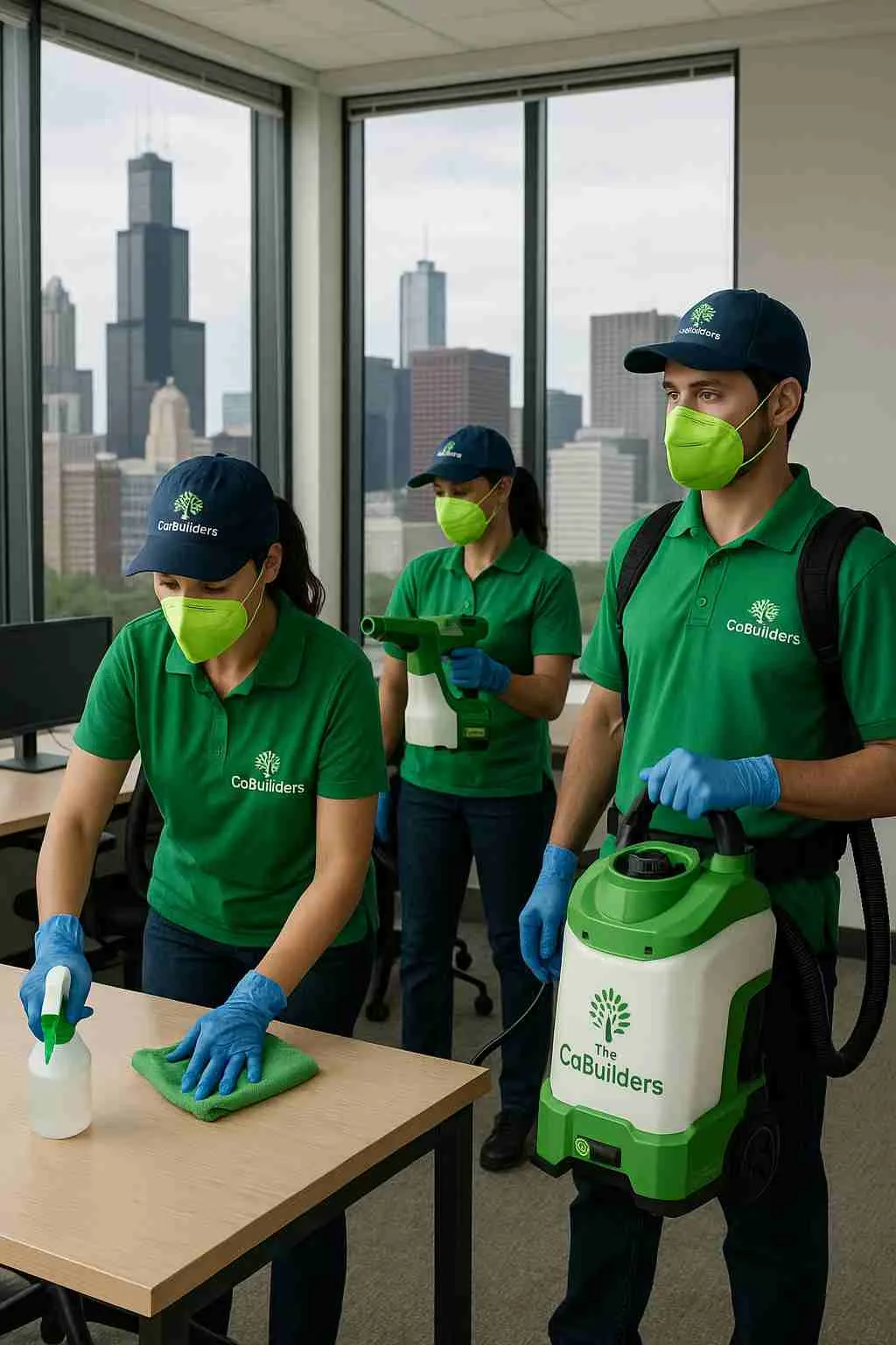 Commercial cleaning team from The CoBuilders sanitizing a Chicago office space with eco-friendly equipment.