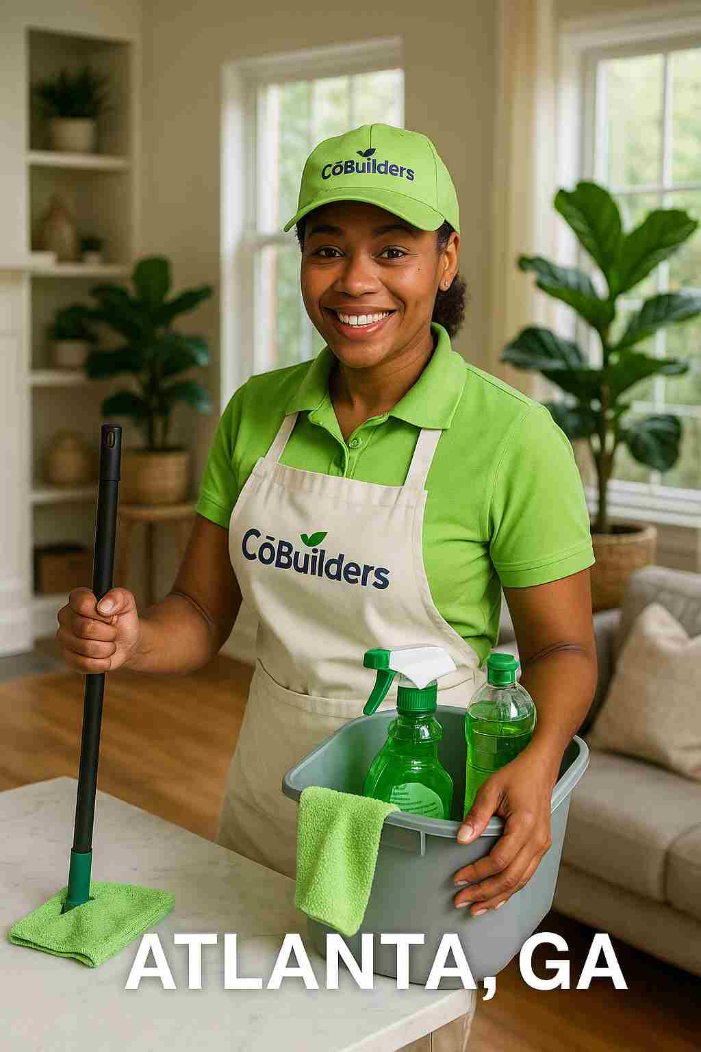 Professional CoBuilders maid providing eco-friendly cleaning service in an Atlanta, GA home