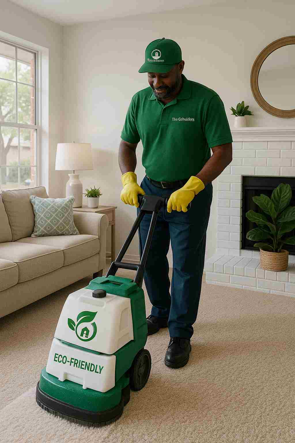 The CoBuilders janitor providing eco-friendly carpet shampoo service in a Dallas, TX living room