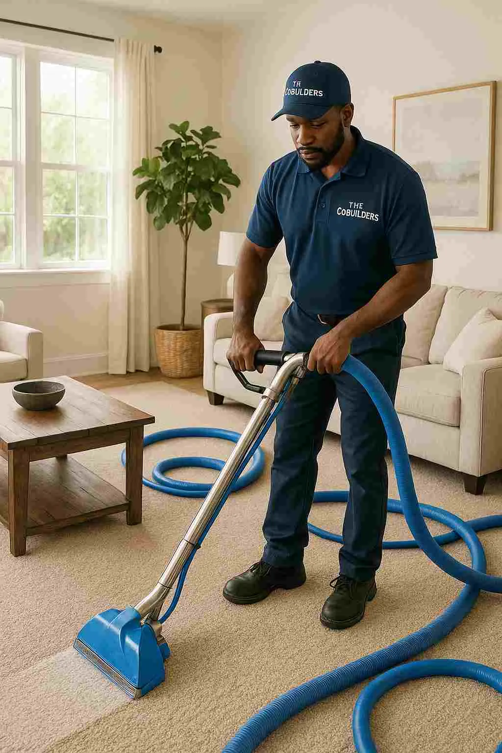 The CoBuilders technician providing professional carpet shampoo service in a Houston living room