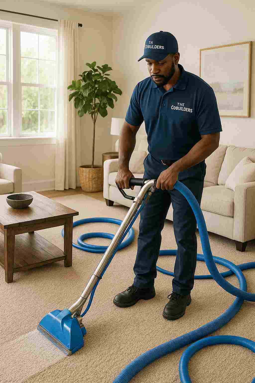 The CoBuilders technician providing professional carpet shampoo service in a Houston living room