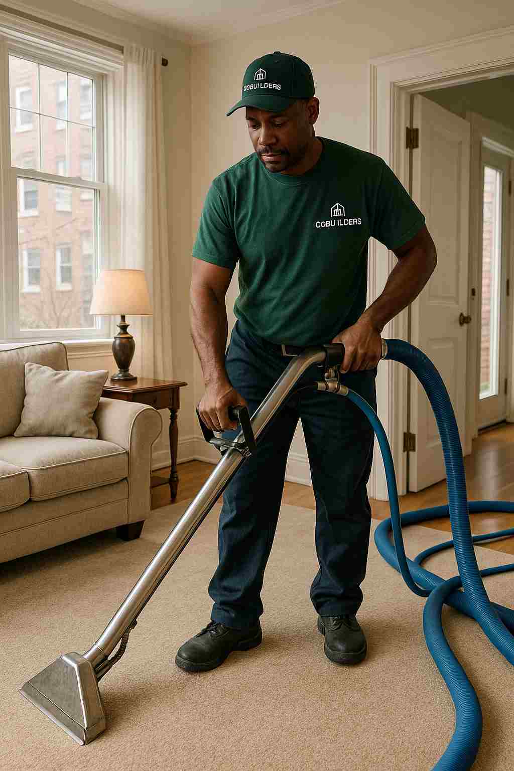 The CoBuilders janitor doing carpet cleaning in a Chicago home