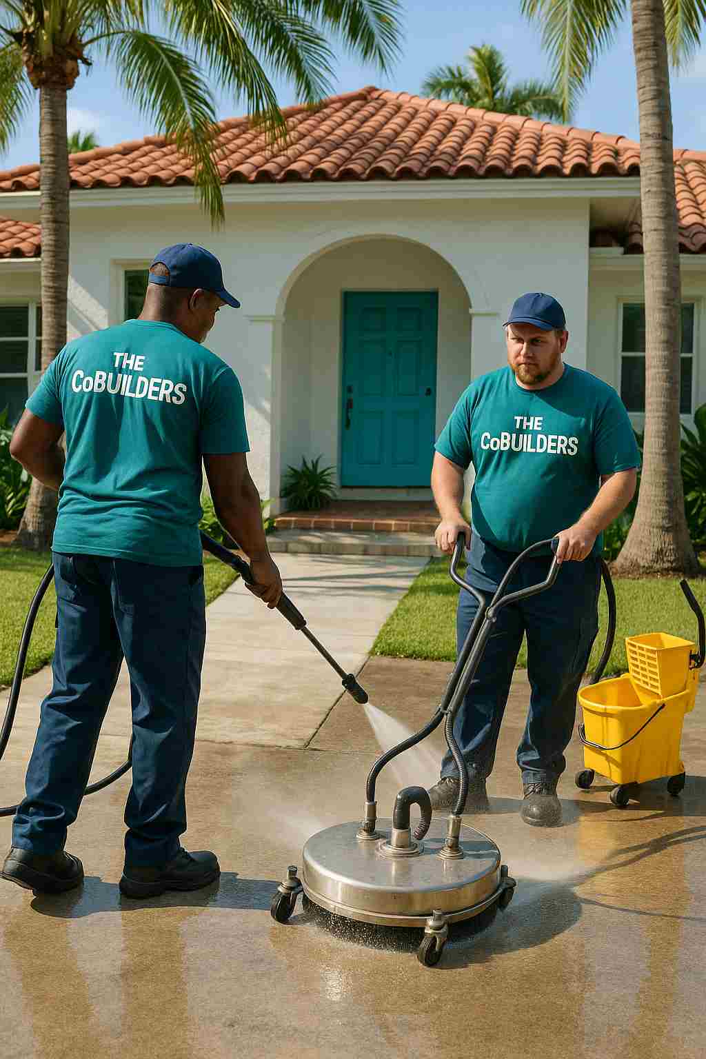 The CoBuilders janitor pressure washing a driveway in Miami