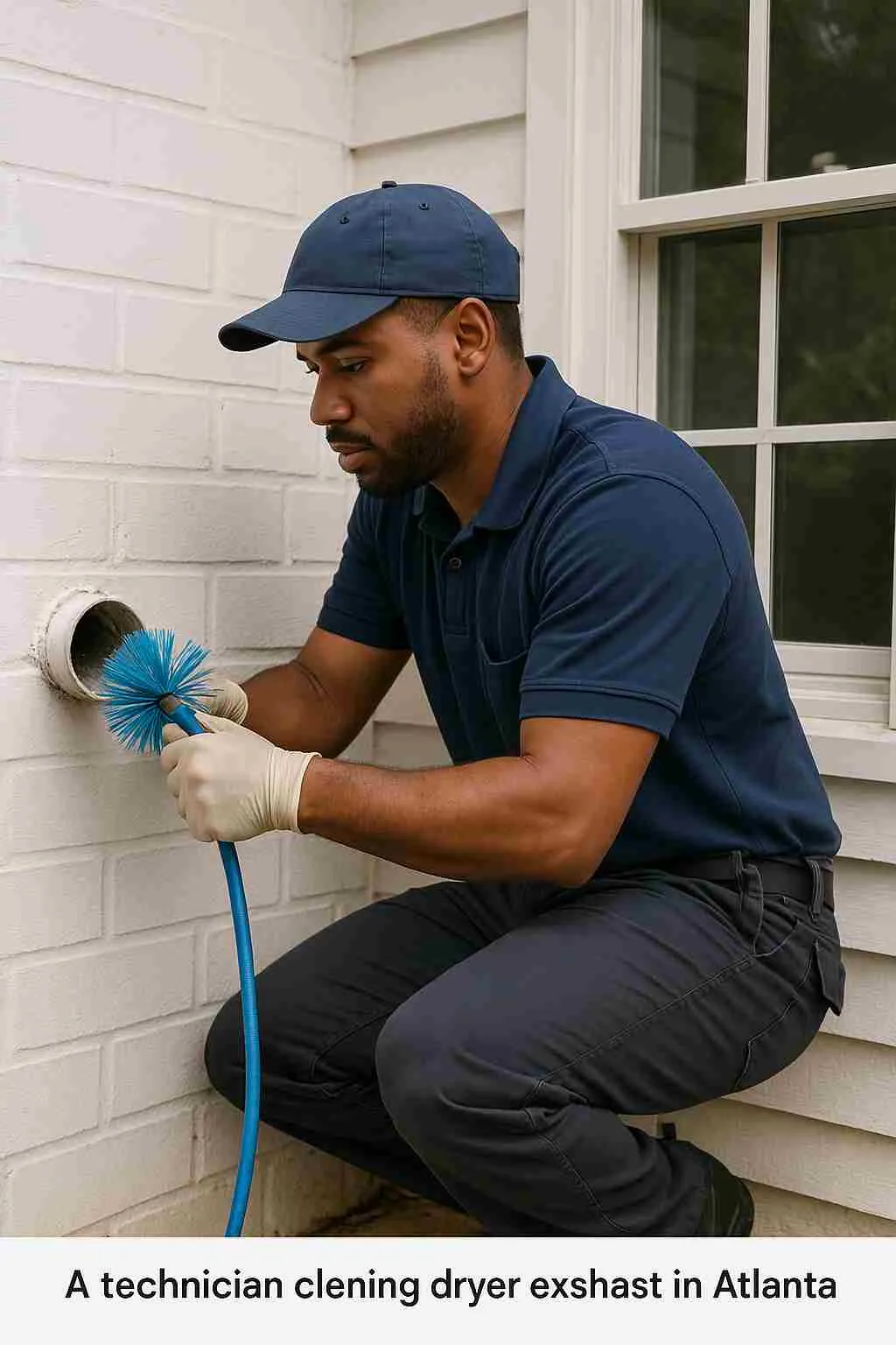 The CoBuilders technician cleaning dryer exhaust vent in an Atlanta home