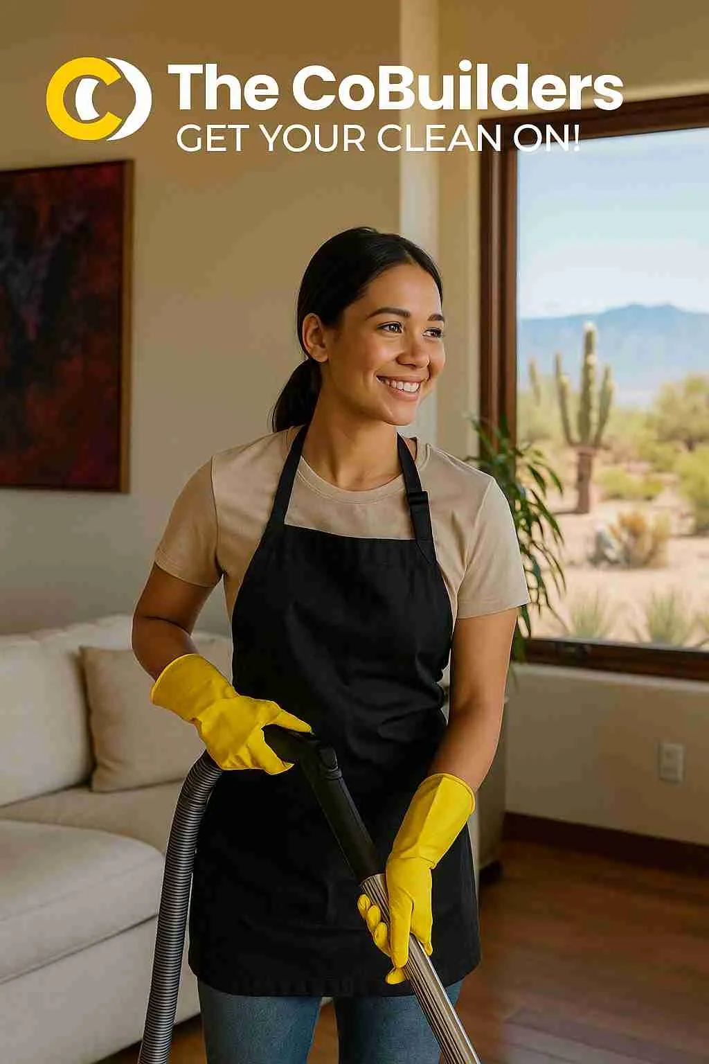 The CoBuilders cleaner providing service in an Albuquerque home with desert views in the background