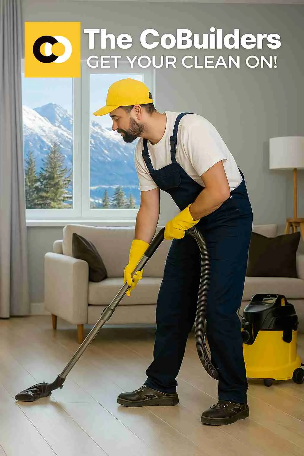The CoBuilders cleaner providing professional cleaning service in an Anchorage, Alaska home with snowy mountains outside