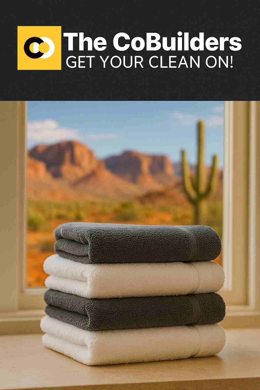 a neatly folded stack of laundry with desert scenery visible through a window