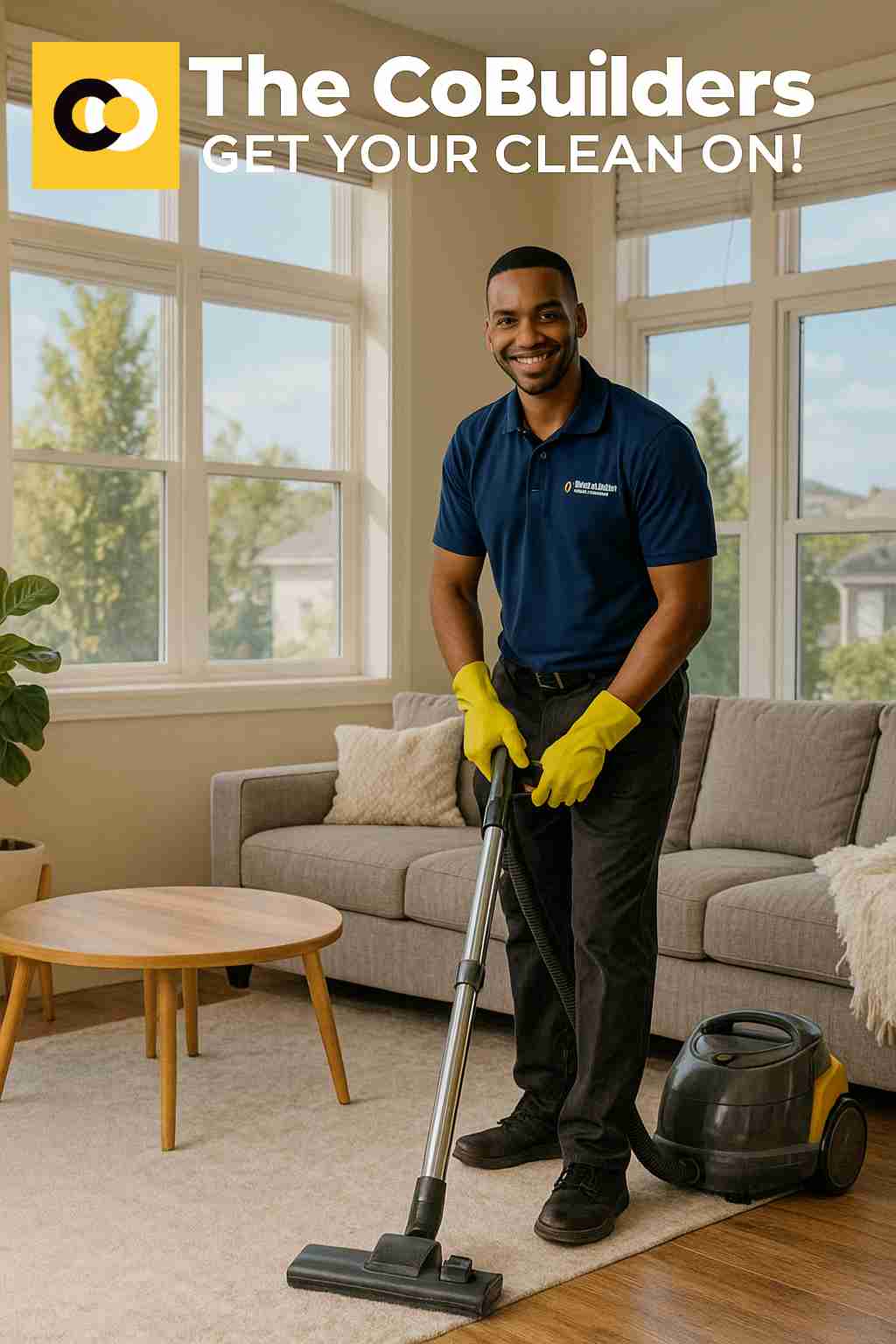 A sunny Boise living room being cleaned by a smiling professional