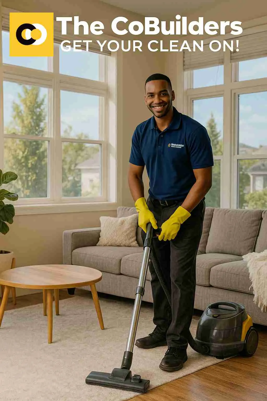 A sunny Boise living room being cleaned by a smiling professional