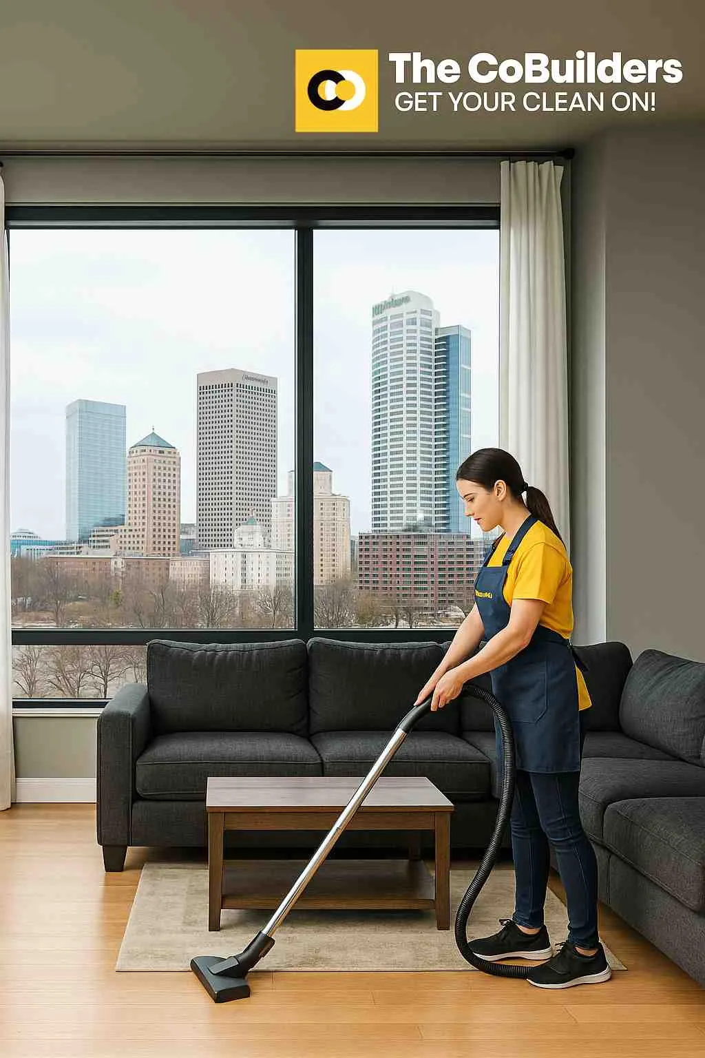 a Milwaukee living room with a maid vacuuming near a big window overlooking the city