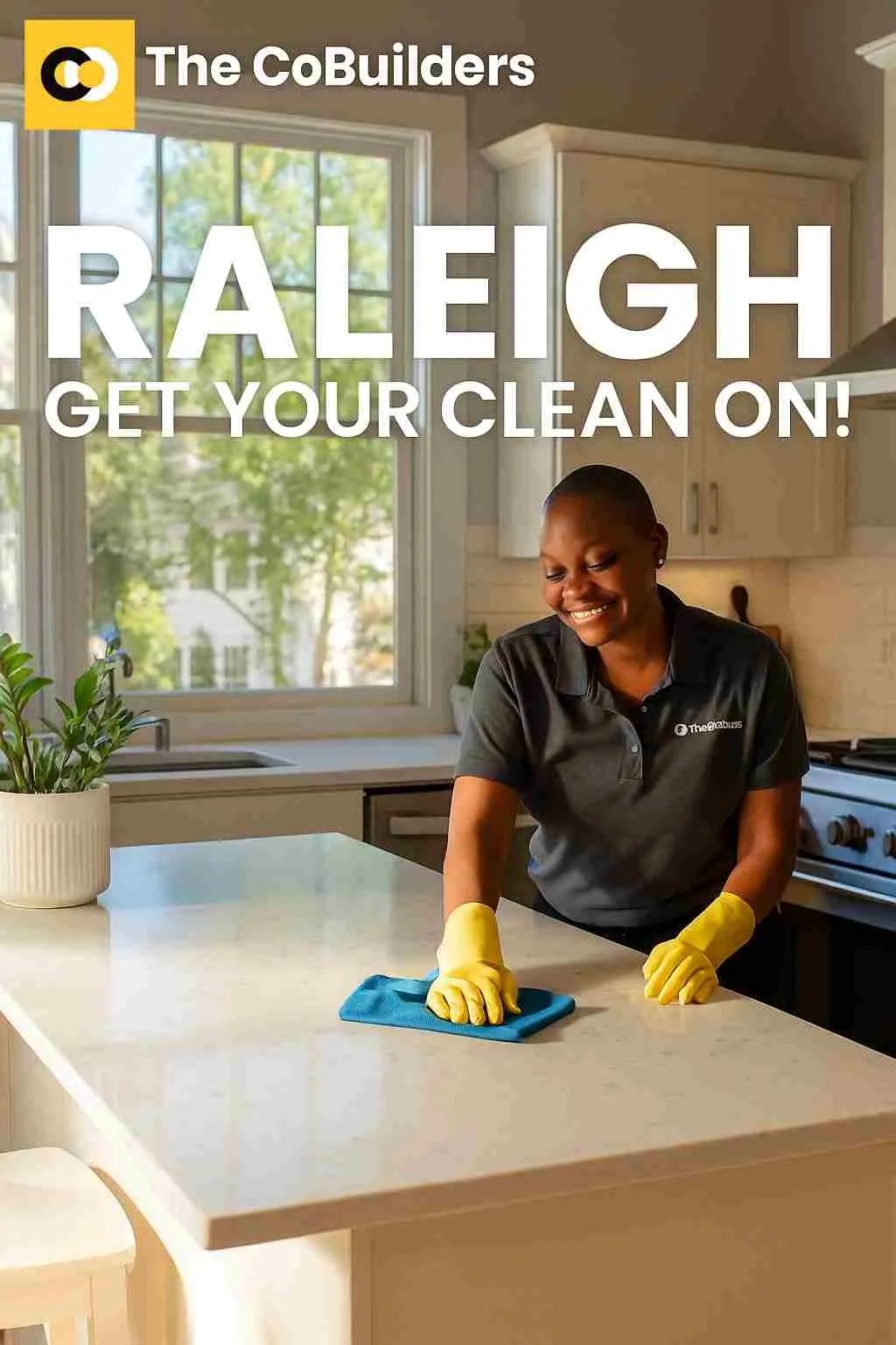 a Raleigh home interior with a cleaner wiping down a sunny kitchen island