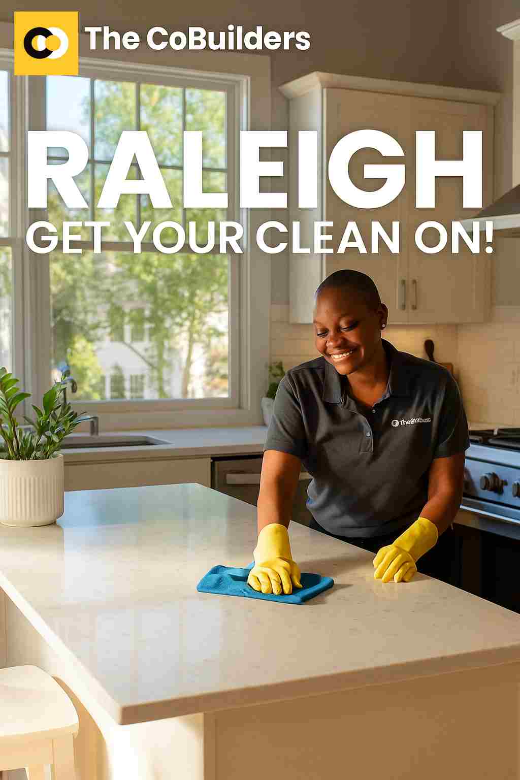a Raleigh home interior with a cleaner wiping down a sunny kitchen island